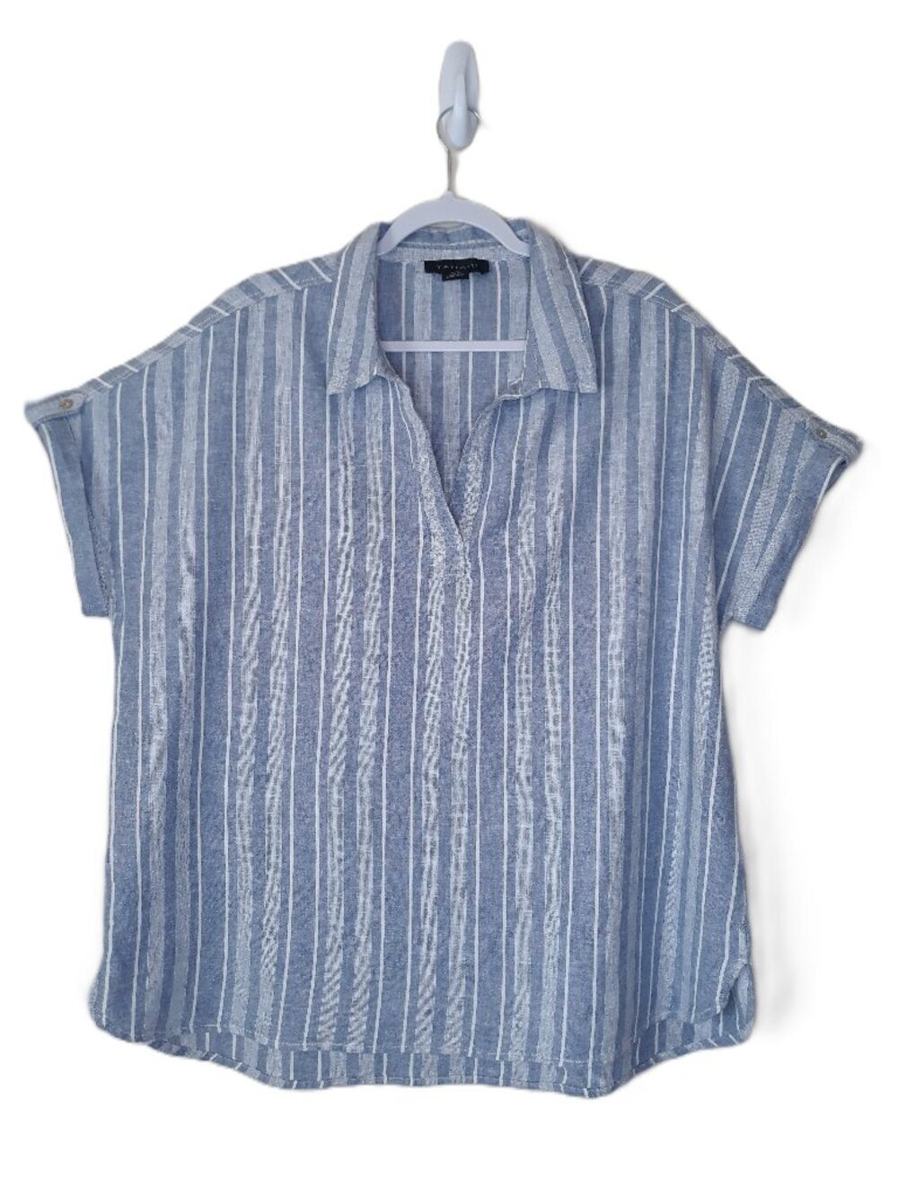 Women"s Linen Blend Top Boxy Striped Textured 1X Lagenlook Preppy Relaxed Tahari